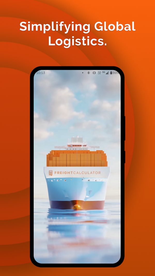 Freight Calculator app home screen with a container ship — Simplifying Global Logistics
